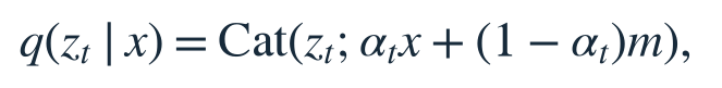 Masked corruption: q(zt given x) equals Cat(zt; alpha_t x + (1-alpha_t) m).