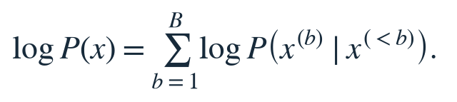 Block factorization: log P(x) is the sum over blocks of log P(block b given preceding blocks).