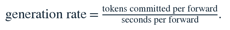 Generation rate equals tokens committed per forward divided by seconds per forward.