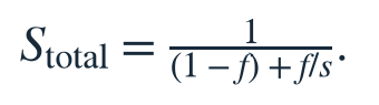Amdahl speedup: total speedup equals 1 divided by ((1-f) + f/s).