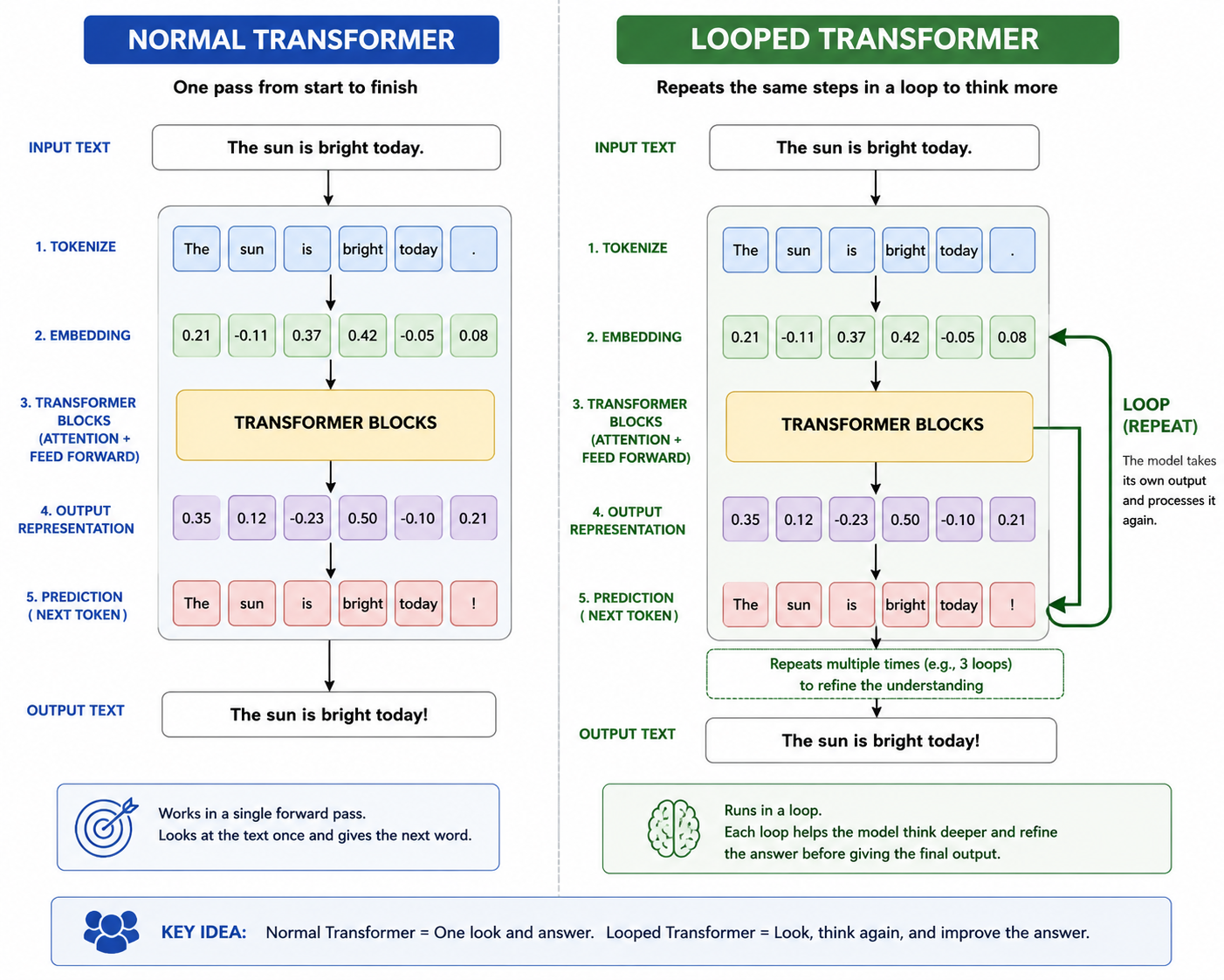 Comparison of a normal transformer's single forward pass with a looped transformer that repeats its transformer blocks